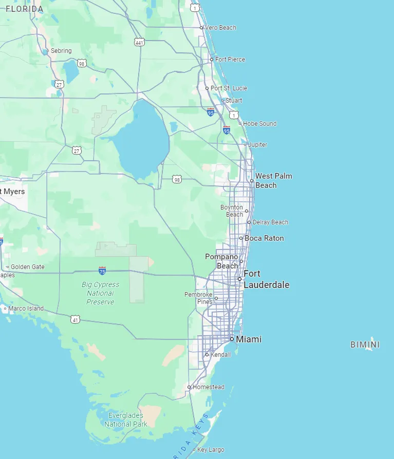 Service area map covering Miami and surrounding areas in Florida